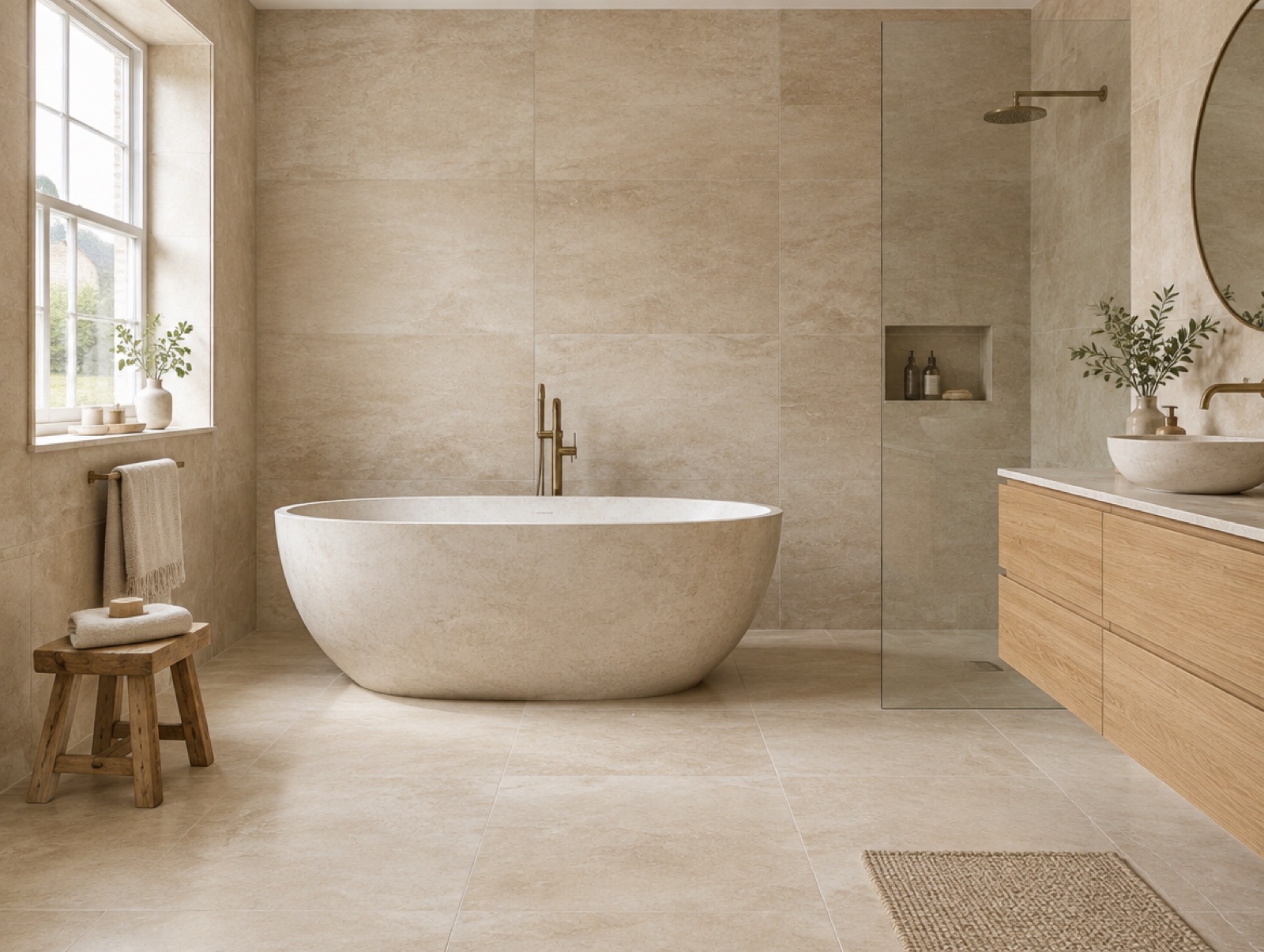 Bathroom finished in large travertine-look porcelain