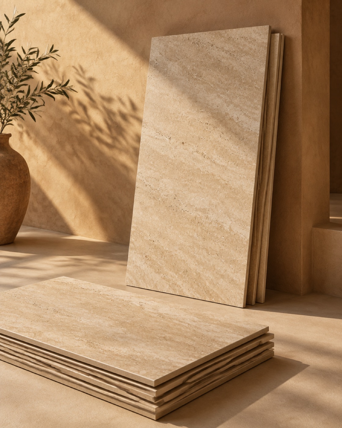 Stack of large travertine-look porcelain tiles in warm light