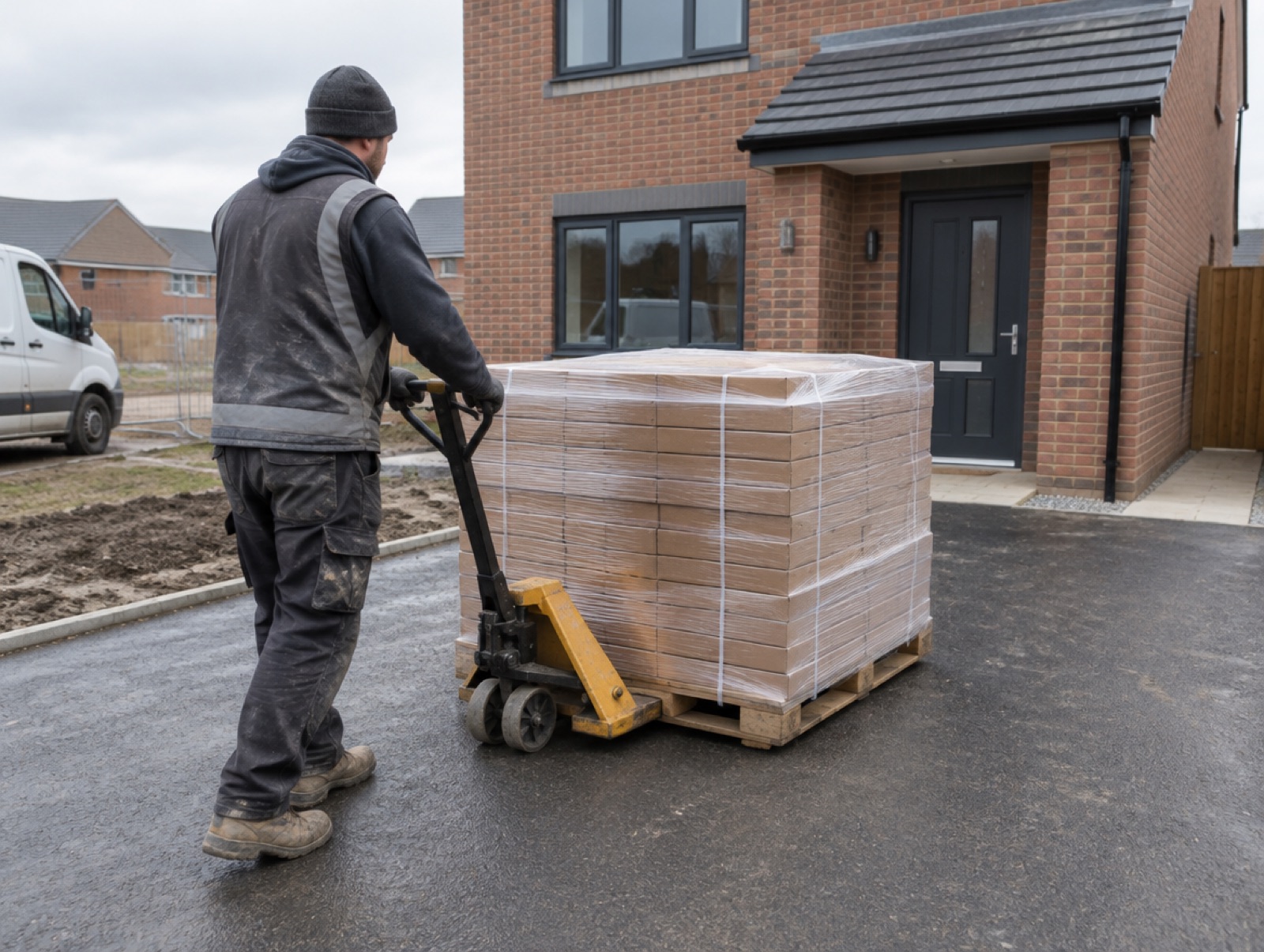 Pallet of tiles delivered to a driveway